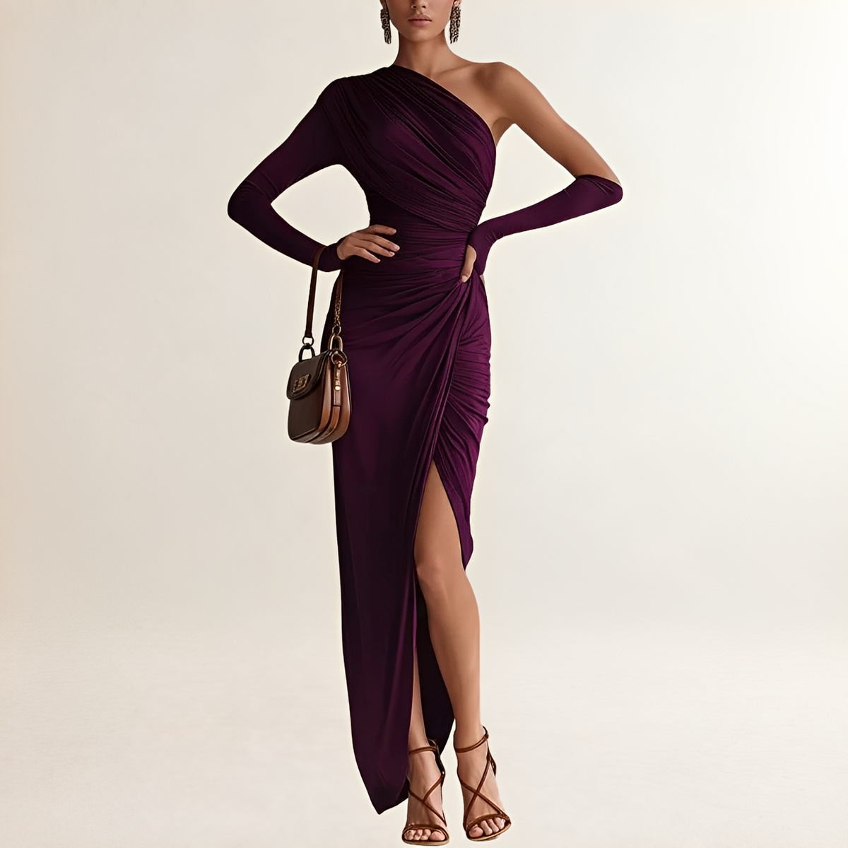 Damen Kleid Ein Schulter Maxi Kleid mit Drapierter Taille und seitlichem Schlitz