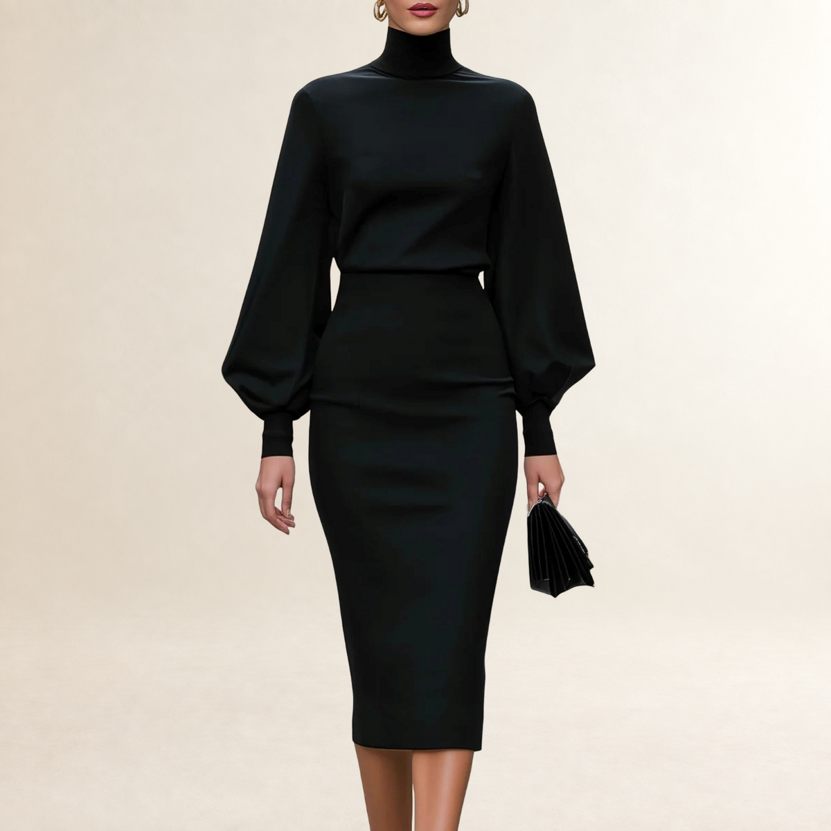 Damen Kleid Langarm Etuikleid mit hohem Kragen und Puffärmeln