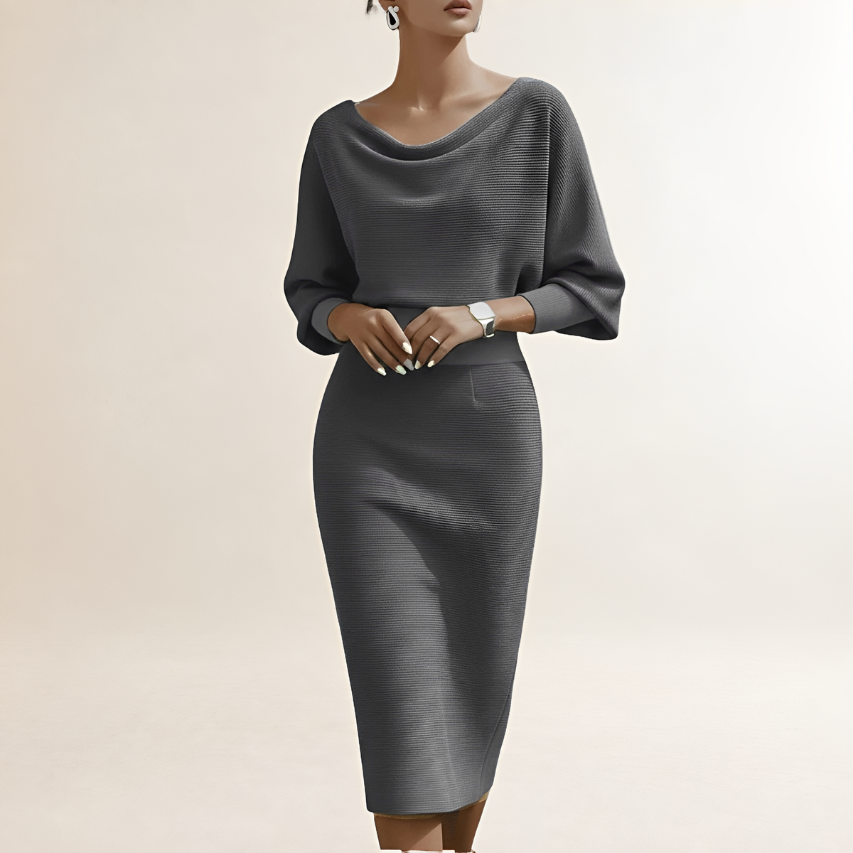 Damen Kleid Langarm Midi mit Drapiertem Cowl-Hals und Batwing-Ärmeln - Enger Schnitt