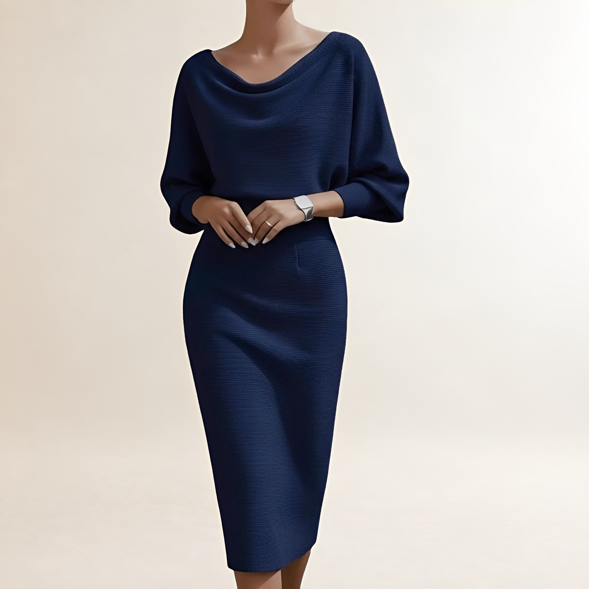 Damen Kleid Langarm Midi mit Drapiertem Cowl-Hals und Batwing-Ärmeln - Enger Schnitt