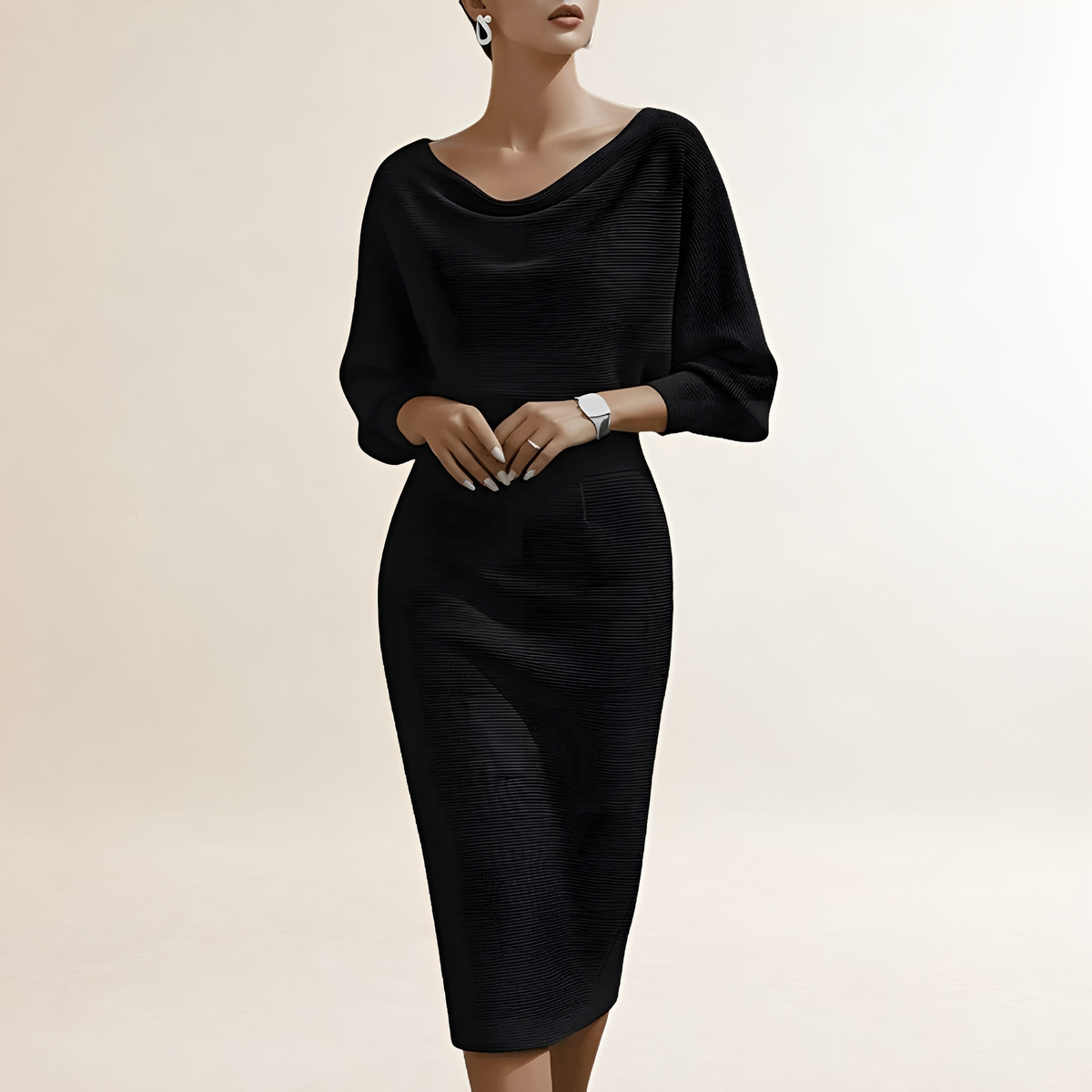 Damen Kleid Langarm Midi mit Drapiertem Cowl-Hals und Batwing-Ärmeln - Enger Schnitt
