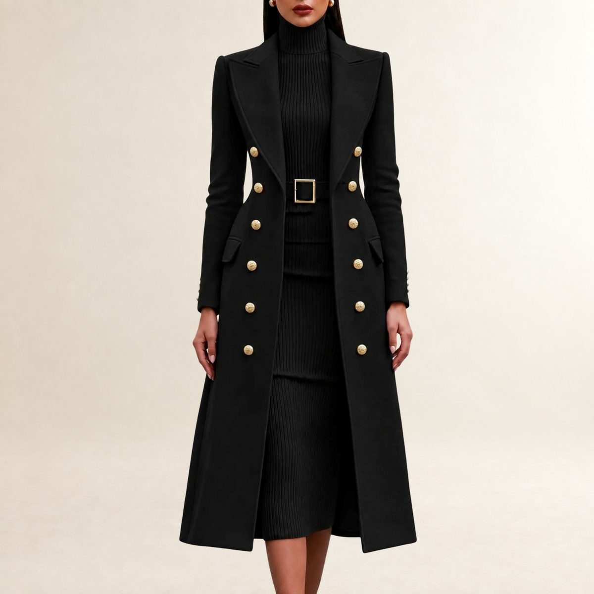 Damen Kleid-Set Maxikleid mit Stehkragen und Taillengürtel, Doppelreihiger Mantel mit Schulterpasse