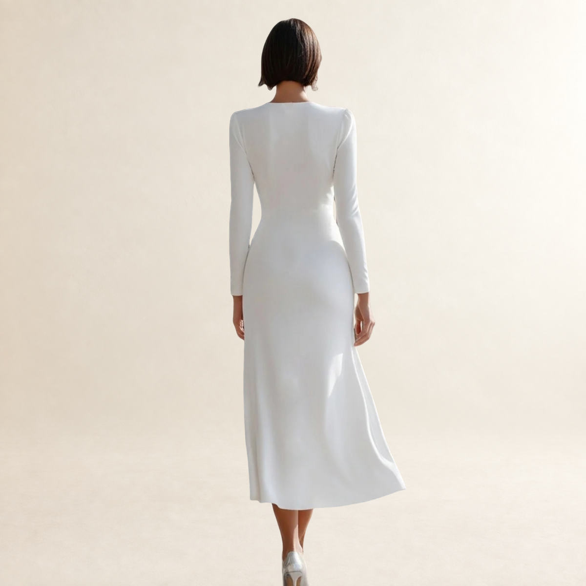 Damen Langarm Midi Kleid mit Ruché V-Ausschnitt und ausgestelltem Saum