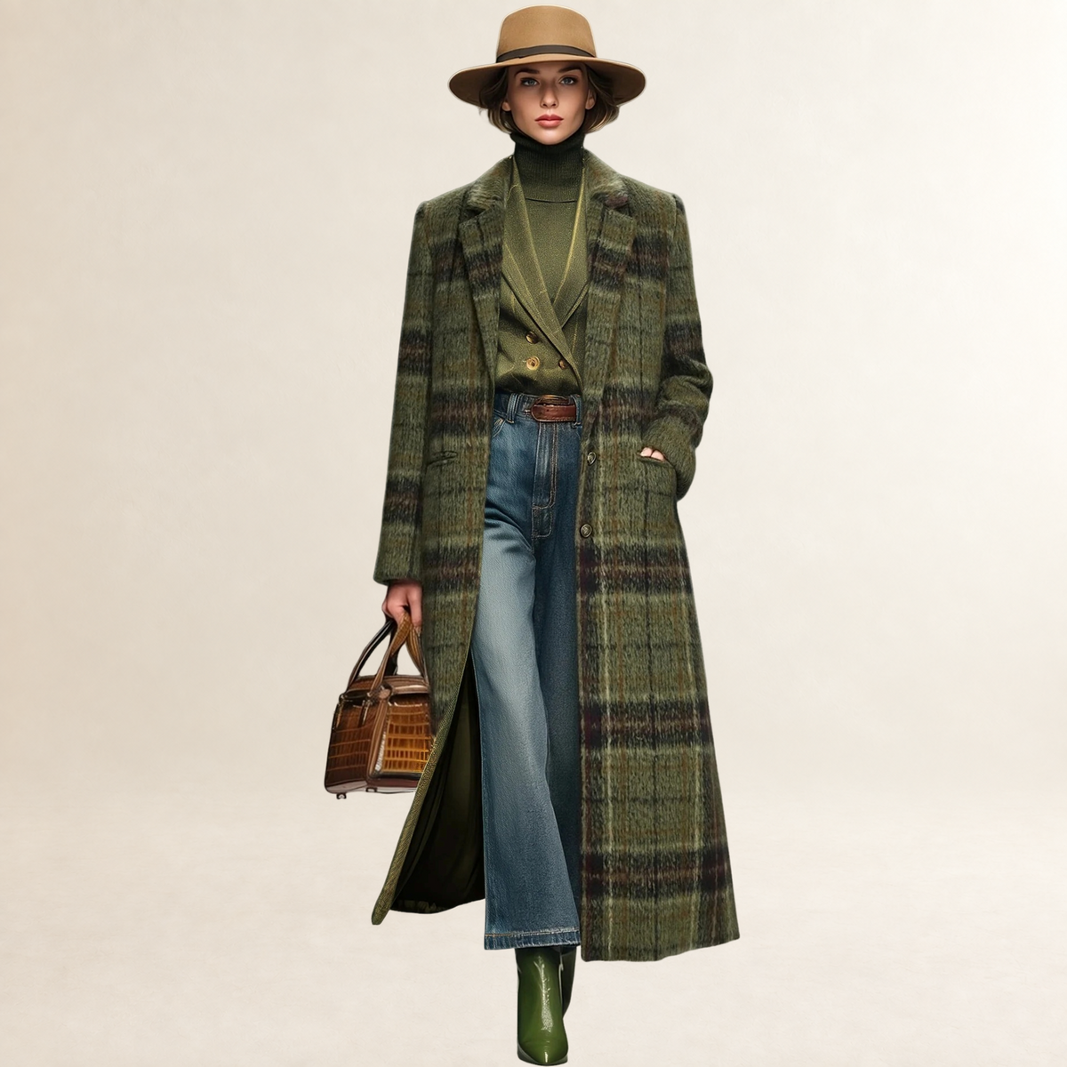 Damen Mantel Lang mit Karo-Muster und Revers - Lockere Passform