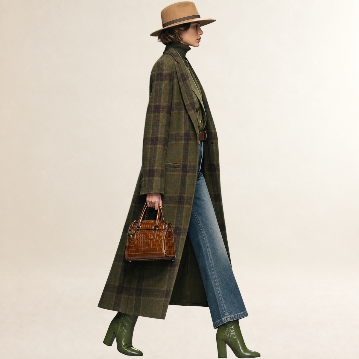 Damen Mantel Lang mit Karo-Muster und Revers - Lockere Passform