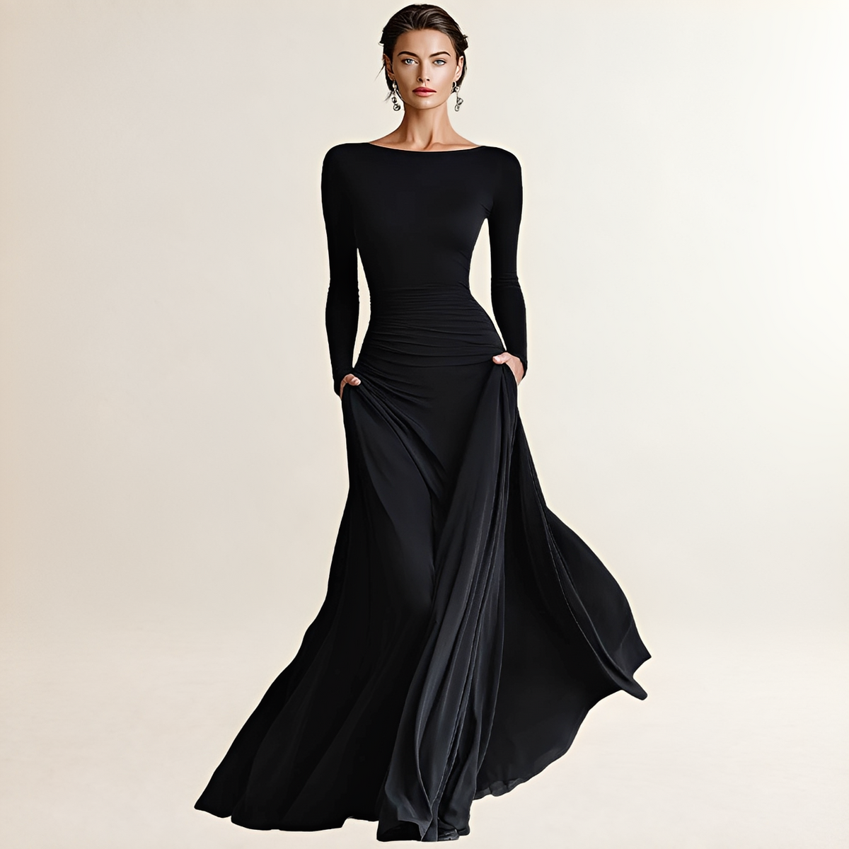 Damen Maxi Kleid Boat-Neck Langarm Drapiert Seiten-taschen Wickeloptik Fitted Bodice