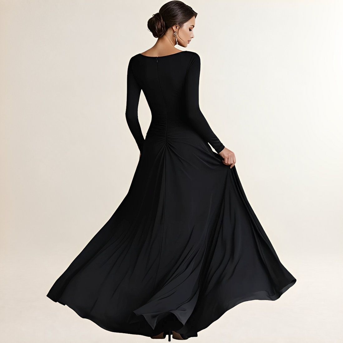 Damen Maxi Kleid Boat-Neck Langarm Drapiert Seiten-taschen Wickeloptik Fitted Bodice