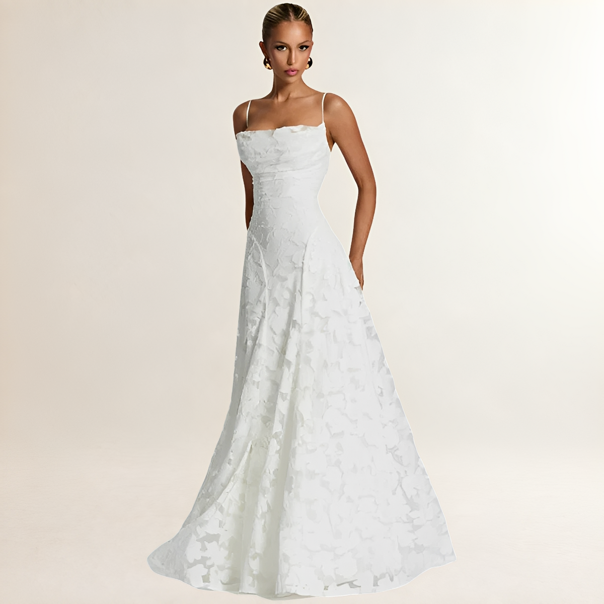 Damen Maxi-Kleid mit Korsett-Top, Spaghetti-Trägern und offenem Rücken mit Schnürung – florale Textur, A-Linien-Schnitt