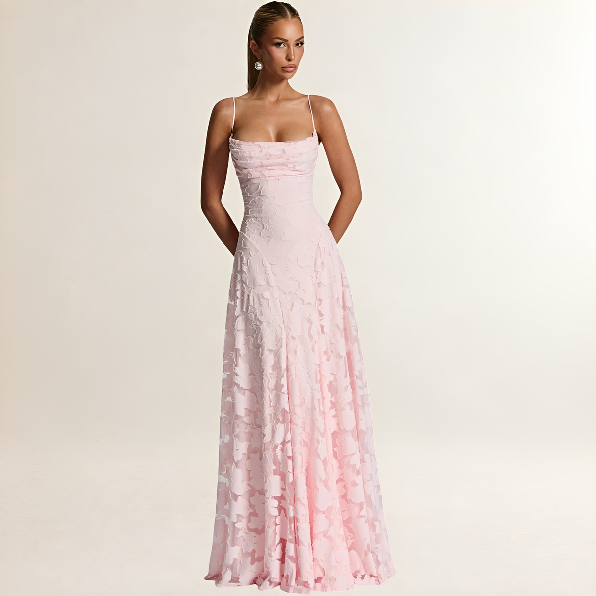 Damen Maxi-Kleid mit Korsett-Top, Spaghetti-Trägern und offenem Rücken mit Schnürung – florale Textur, A-Linien-Schnitt