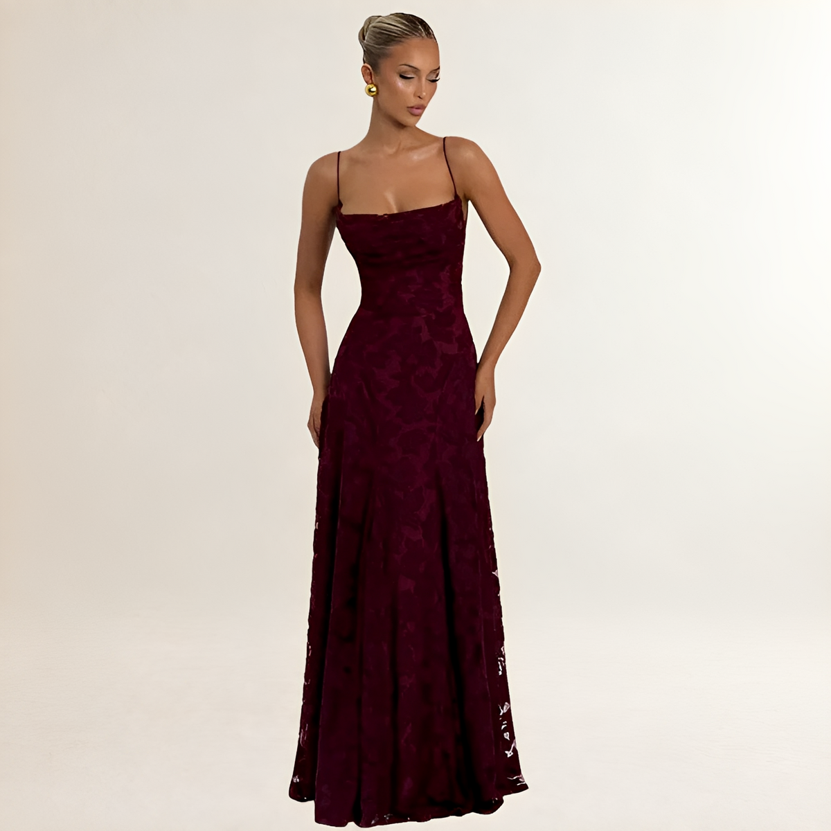 Damen Maxi-Kleid mit Korsett-Top, Spaghetti-Trägern und offenem Rücken mit Schnürung – florale Textur, A-Linien-Schnitt