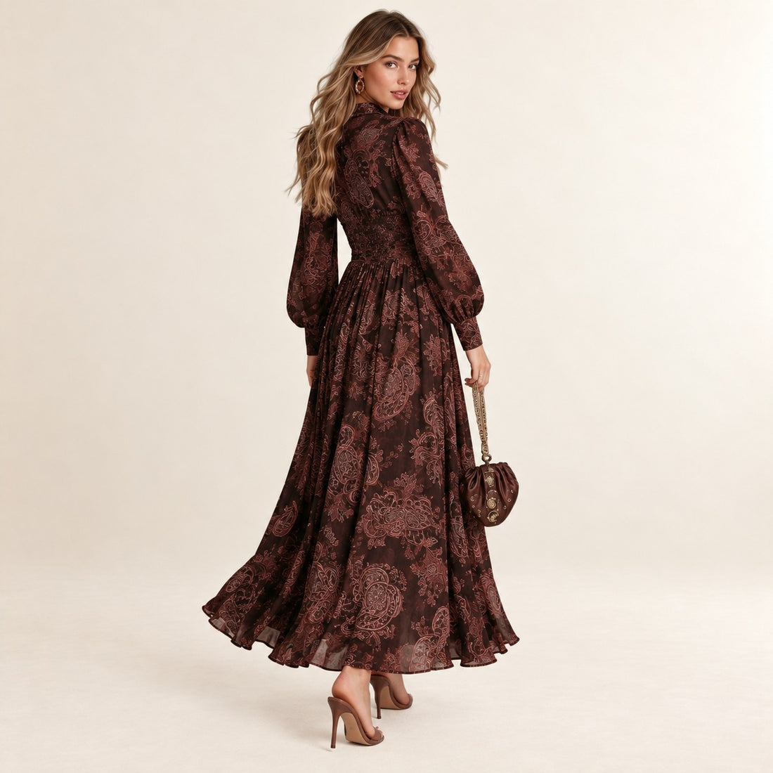Damen Maxi Kleid mit V-Ausschnitt, Reißverschluss vorne, 2-in-1 geraffter Taillenbereich, Paisley-Muster