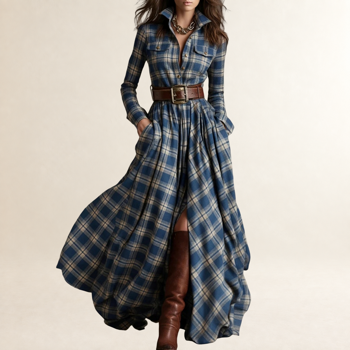 Damen Maxikleid mit Reverskragen und Taillengürtel - lockere Passform, Knopfleiste, lange Ärmel, Karomuster