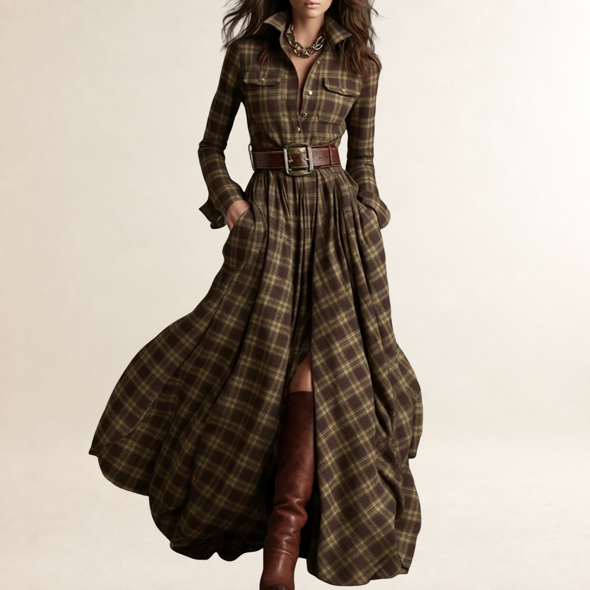 Damen Maxikleid mit Reverskragen und Taillengürtel - lockere Passform, Knopfleiste, lange Ärmel, Karomuster
