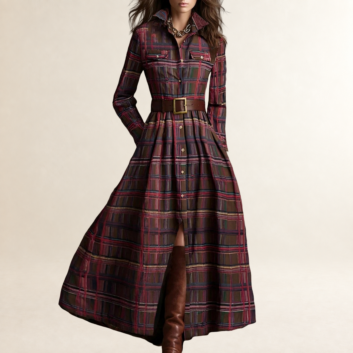 Damen Maxikleid mit Reverskragen und Taillengürtel - lockere Passform, Knopfleiste, lange Ärmel, Karomuster