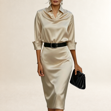 Damen Midikleid mit Drapierung am Kragen, Gürtel und tailliertem Schnitt