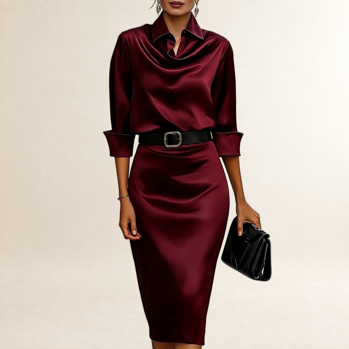Damen Midikleid mit Drapierung am Kragen, Gürtel und tailliertem Schnitt