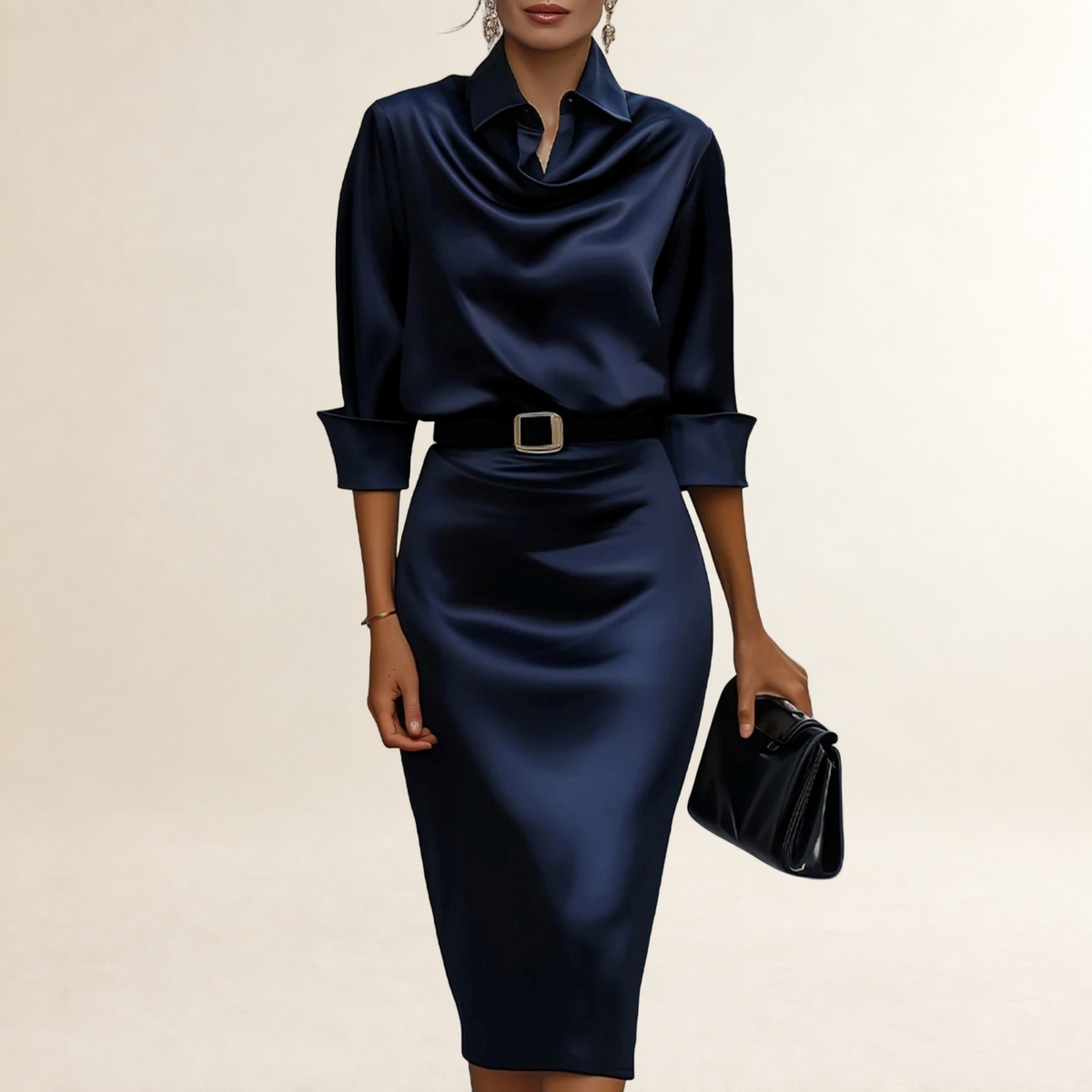 Damen Midikleid mit Drapierung am Kragen, Gürtel und tailliertem Schnitt