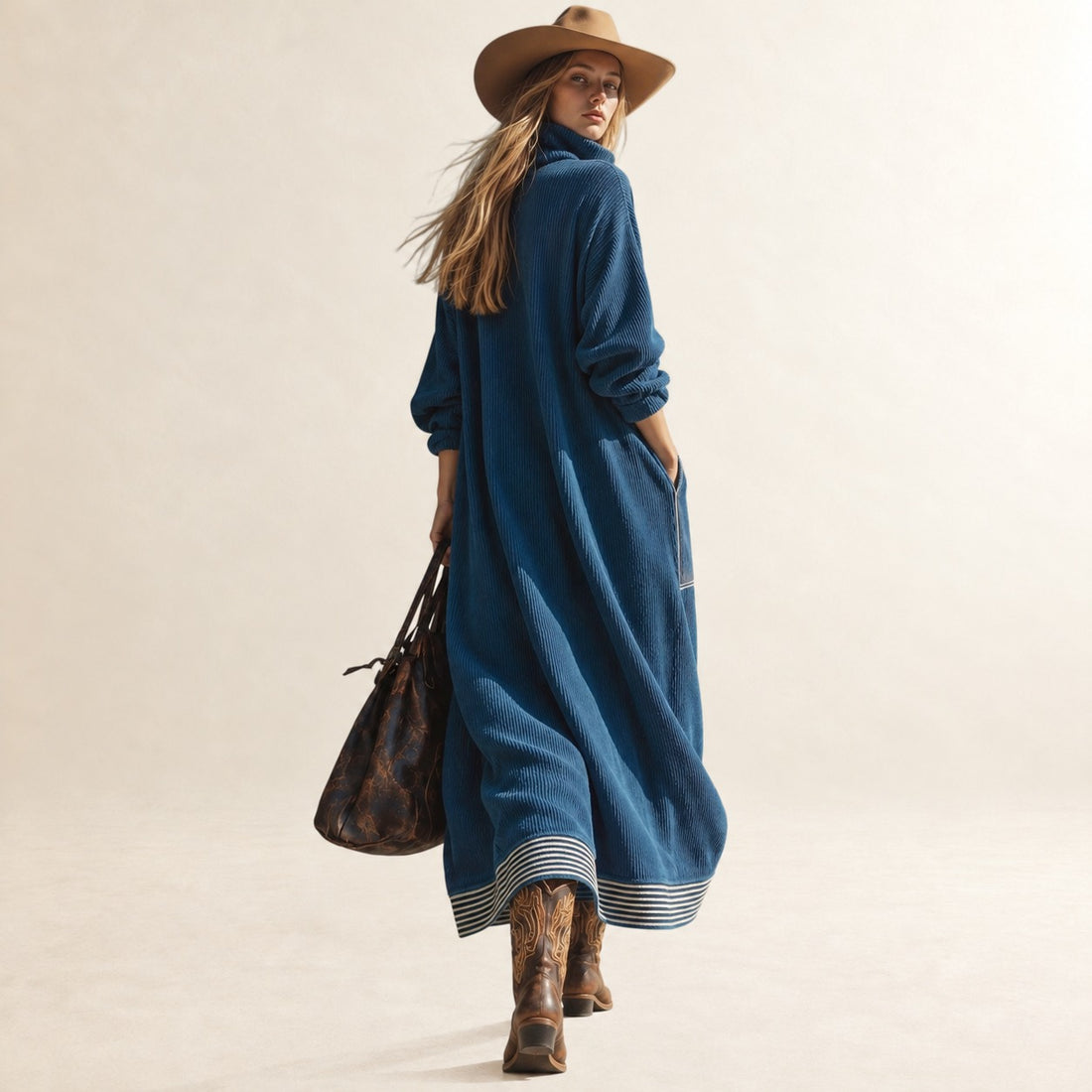 Damen Midikleid mit hohem Kragen, großen Taschen und lockerer Passform