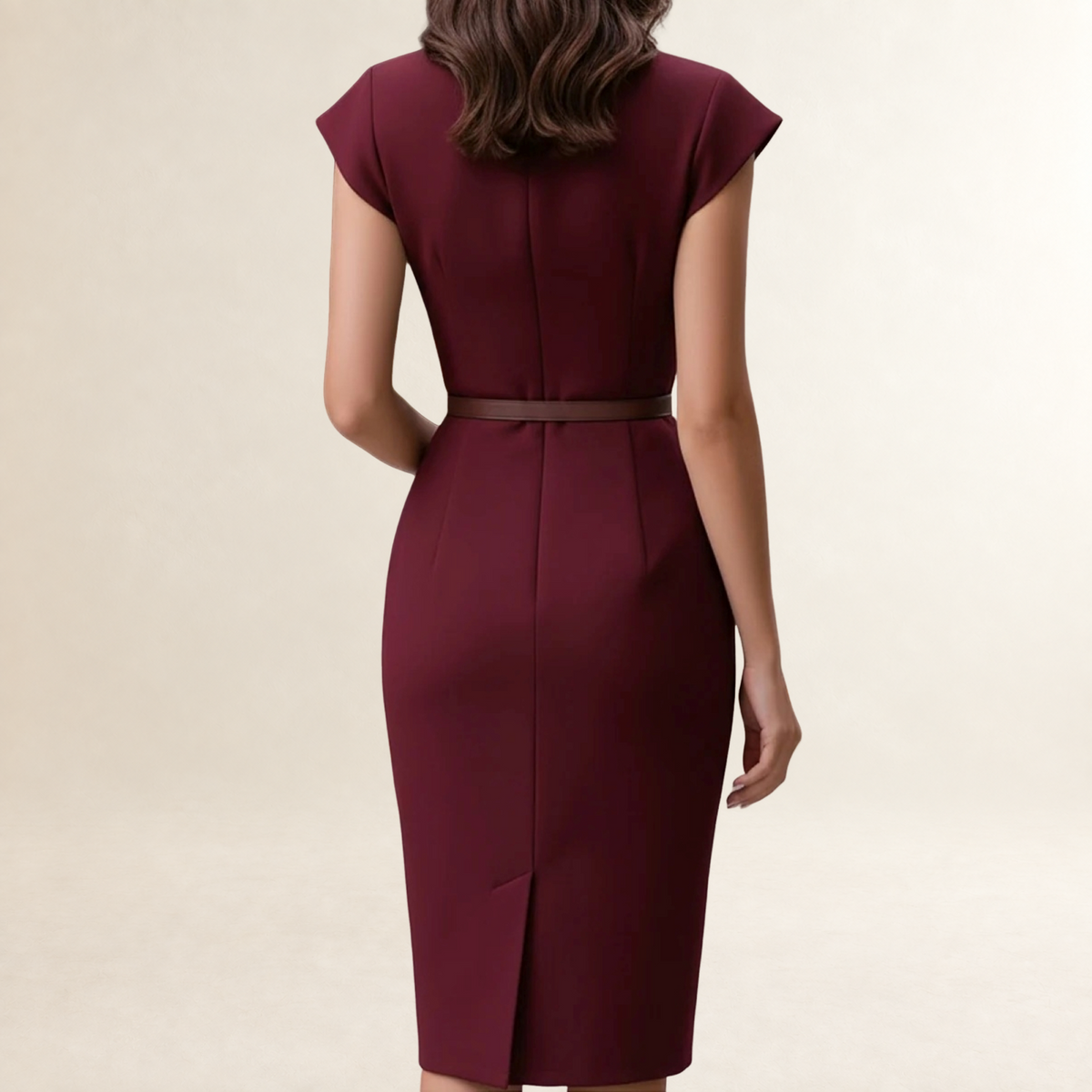 Damen Midikleid mit kurzen Ärmeln und Revers-Optik, taillierter Schnitt mit Gürtel