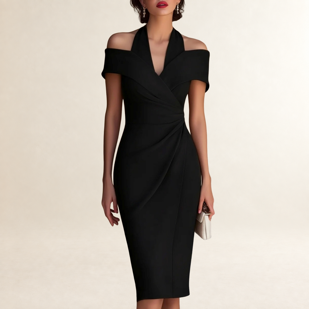 Damen Midikleid Off-Shoulder Wickeloptik mit Raffung und enger Passform