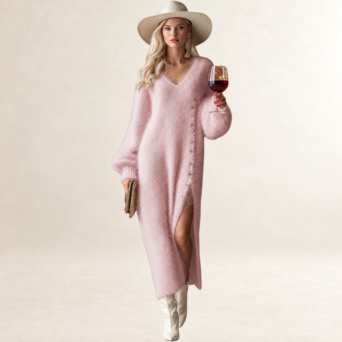 Damen Midikleid V-Ausschnitt Knopfleiste Seitenschlitz Relaxter Sitz