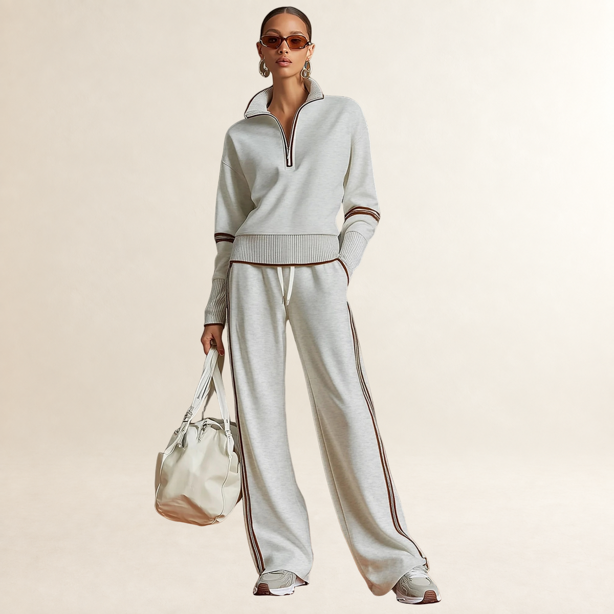 Damen Set aus Half-Zip Sweatshirt und Weite-Hose mit Sportstreifen