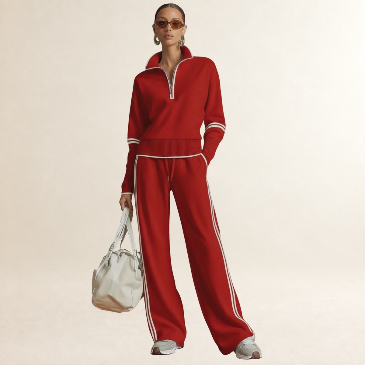 Damen Set aus Half-Zip Sweatshirt und Weite-Hose mit Sportstreifen