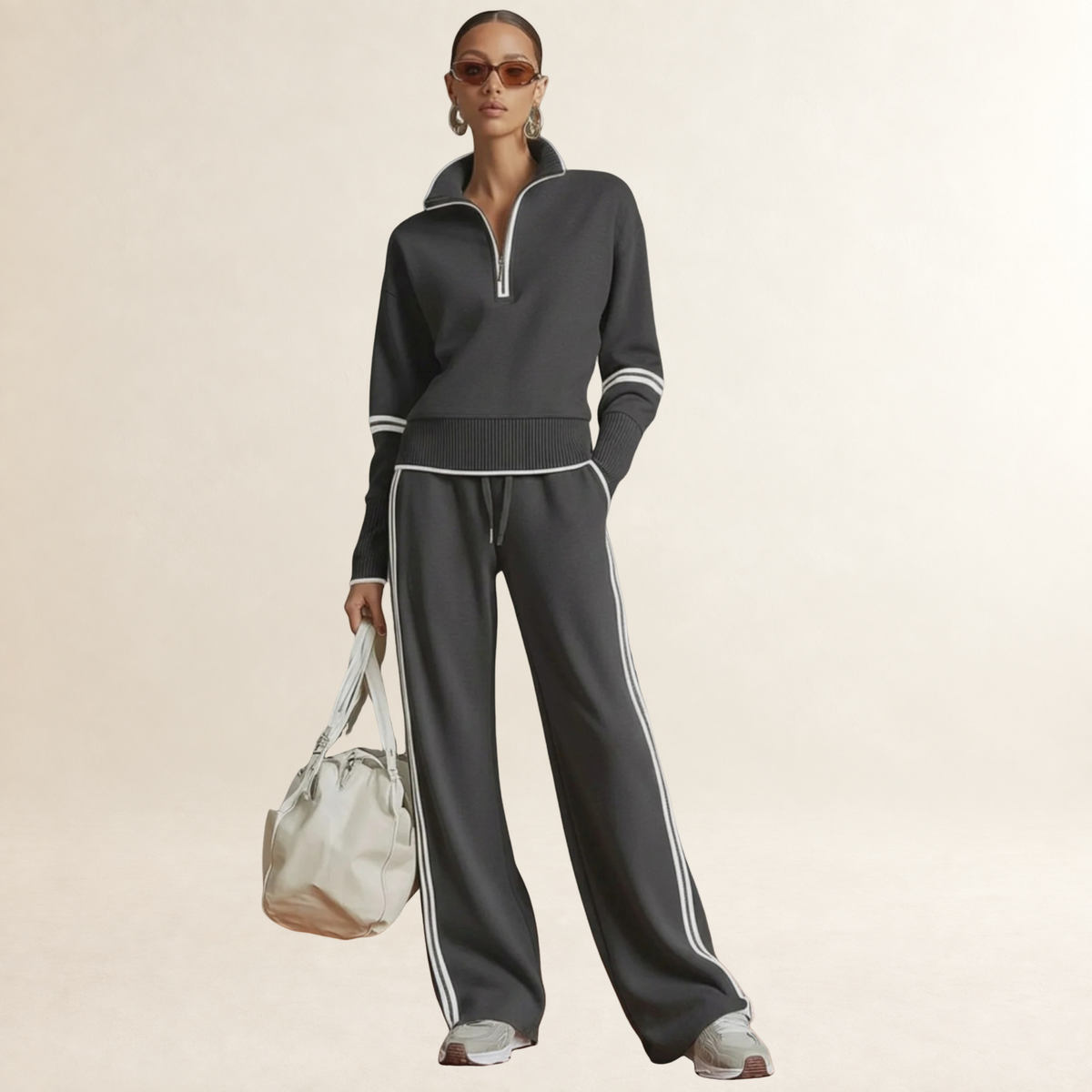Damen Set aus Half-Zip Sweatshirt und Weite-Hose mit Sportstreifen