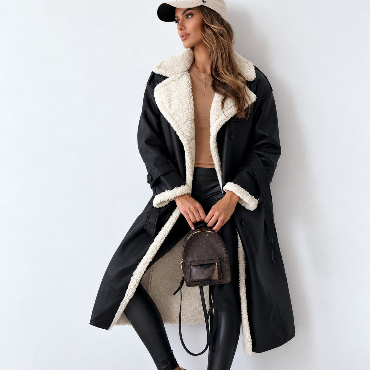 Damen Teddy Mantel Doppelknopf, Gürtel, Oversized Schnitt, Knielang