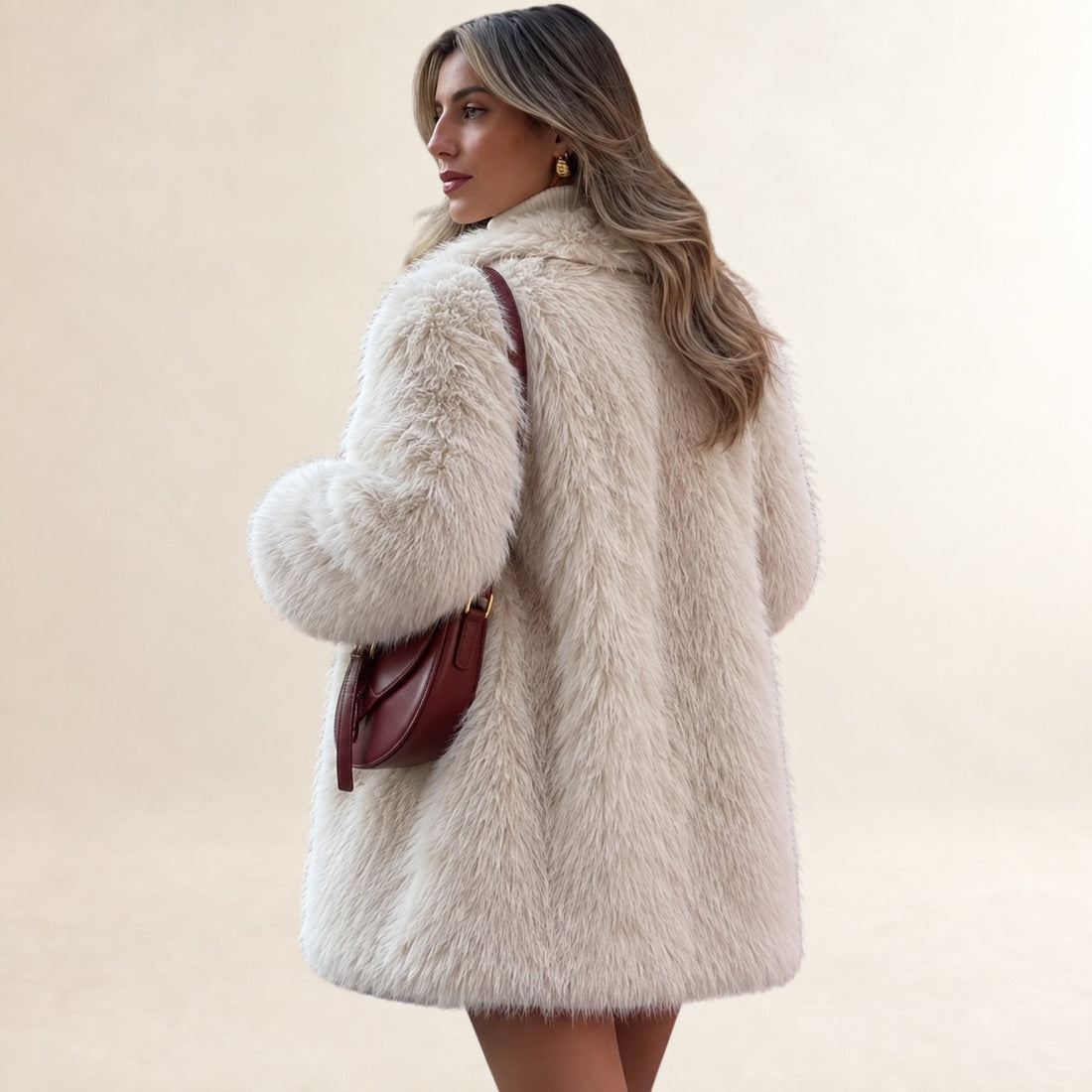 Damen Teddy-Mantel Lang: Notched-Lapel, Relaxed Passform, Knopf-Frontverschluss