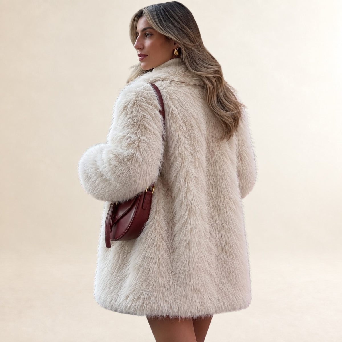 Damen Teddy-Mantel Lang: Notched-Lapel, Relaxed Passform, Knopf-Frontverschluss