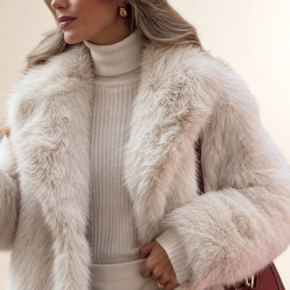Damen Teddy-Mantel Lang: Notched-Lapel, Relaxed Passform, Knopf-Frontverschluss