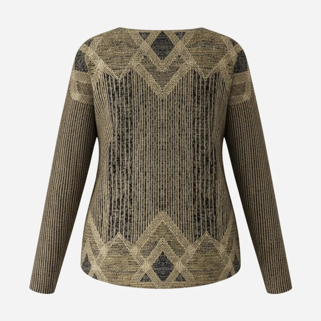 Damen-Tunika-Bluse, Rundhals, lange Ärmel, lockerer Schnitt, geometrisches Diamantmuster
