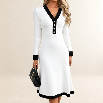 Damen V-Ausschnitt Midi-Kleid mit Knopfleiste und Kontrastpaspeln, Taschen