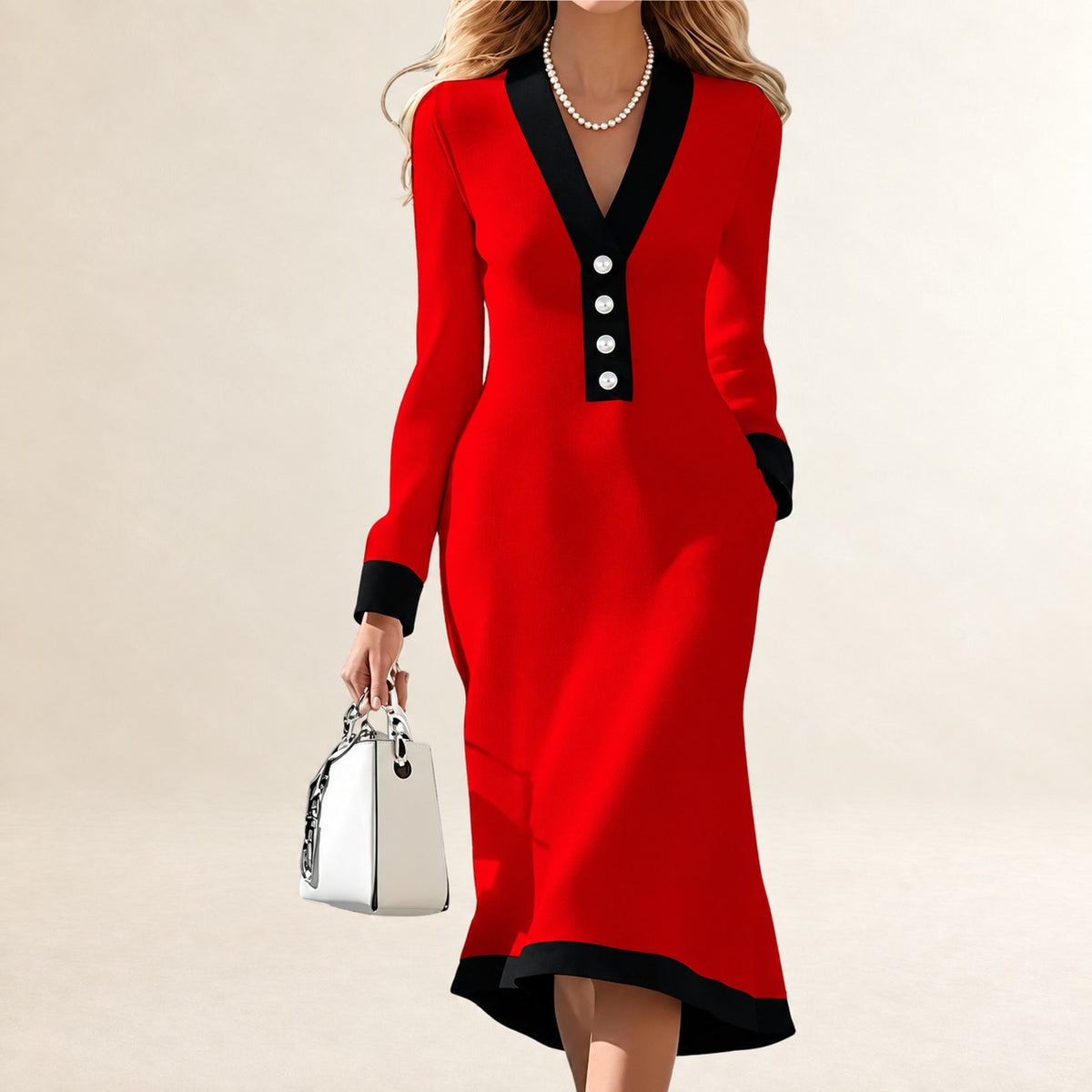 Damen V-Ausschnitt Midi-Kleid mit Knopfleiste und Kontrastpaspeln, Taschen