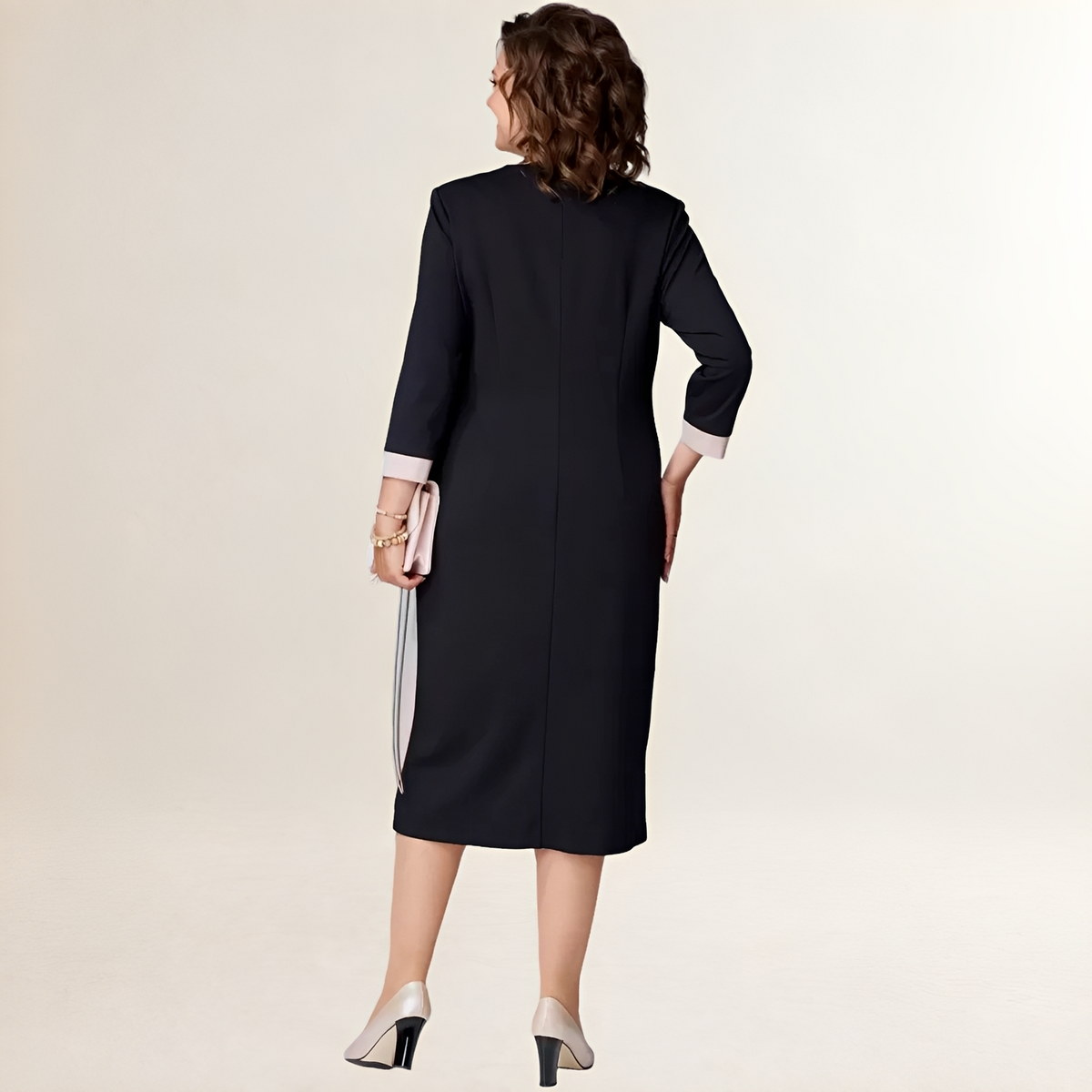 Damen V-Ausschnitt Midi-Kleid mit Kontrastpaneelen und 3/4-Ärmeln