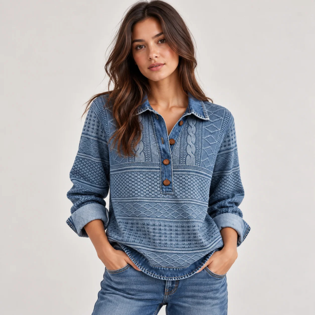 Damenbluse mit Kontrastkragen und -manschetten, Langarm, Teilknopfleiste, Relaxed Fit
