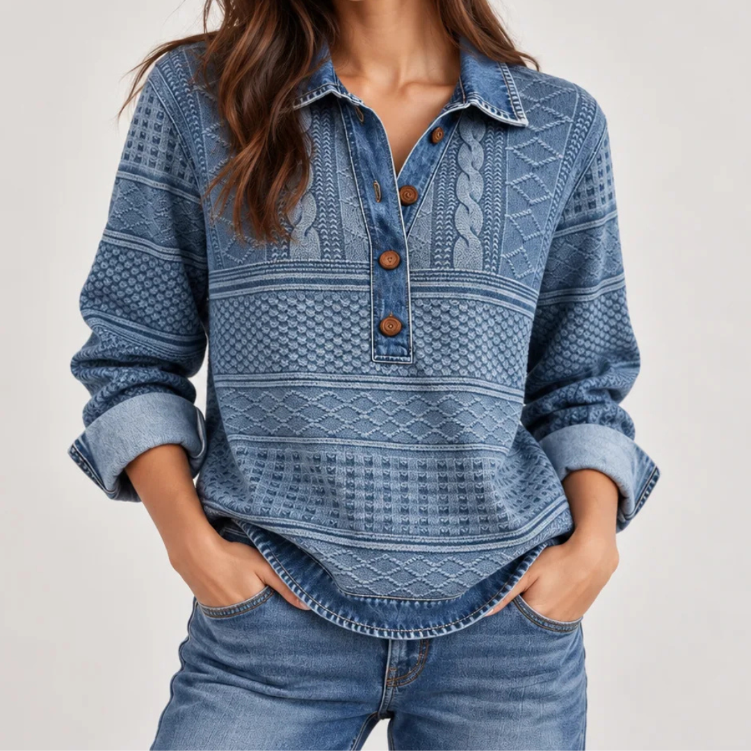 Damenbluse mit Kontrastkragen und -manschetten, Langarm, Teilknopfleiste, Relaxed Fit