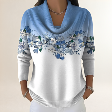 Damenpullover mit lockerem Schnitt - Drapierte Cowl-Naht Floral Yoke