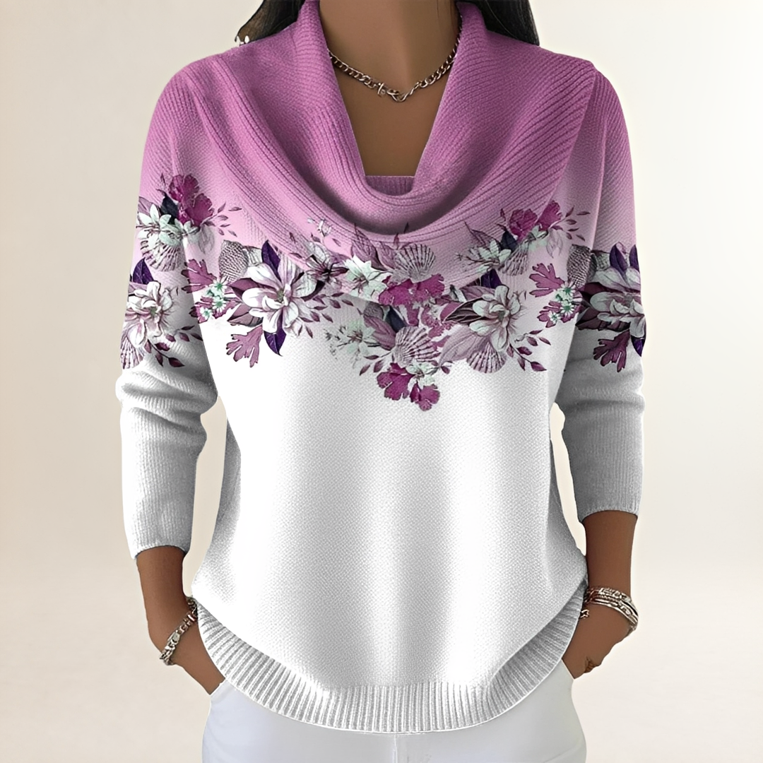 Damenpullover mit lockerem Schnitt - Drapierte Cowl-Naht Floral Yoke