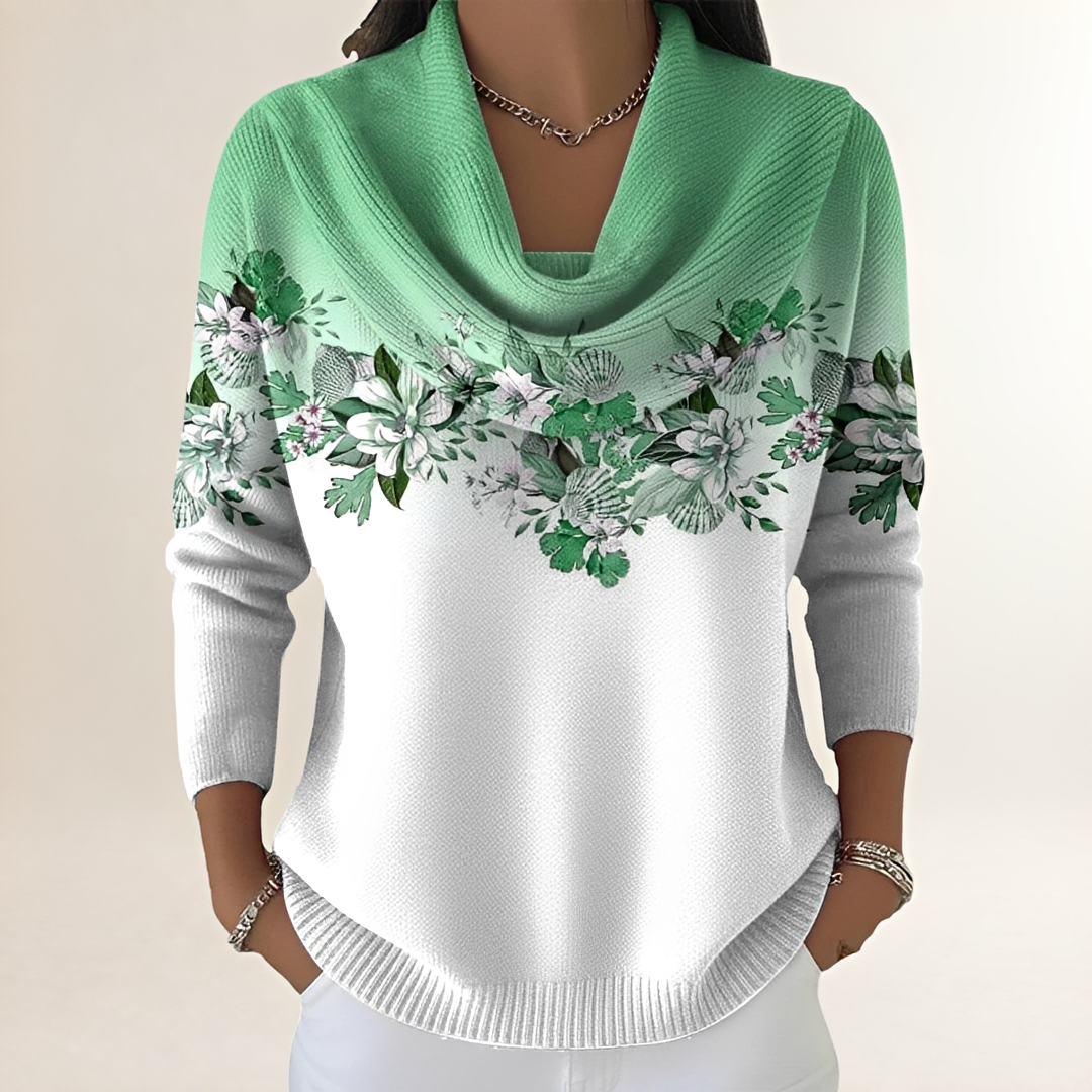 Damenpullover mit lockerem Schnitt - Drapierte Cowl-Naht Floral Yoke
