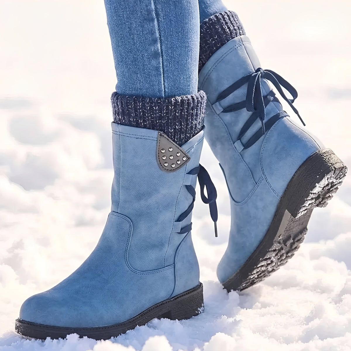 Damenschuhe Stiefel Mid-Calf - Schnürung, Nieten-Details, Warmer Schaft
