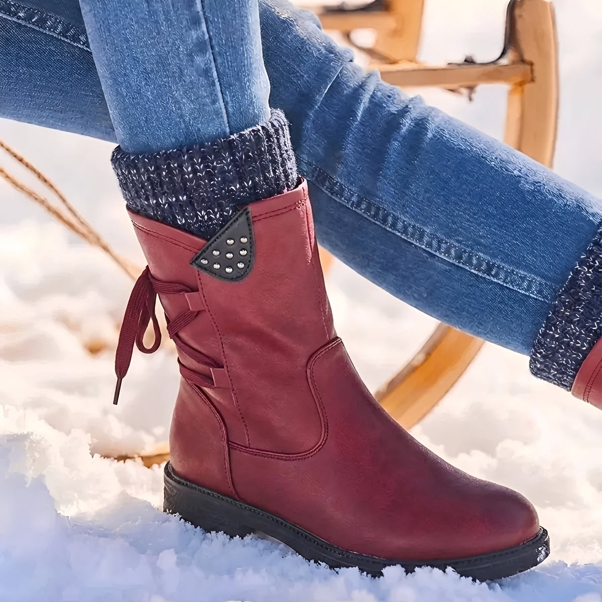 Damenschuhe Stiefel Mid-Calf - Schnürung, Nieten-Details, Warmer Schaft