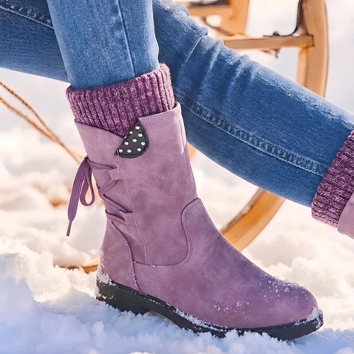 Damenschuhe Stiefel Mid-Calf - Schnürung, Nieten-Details, Warmer Schaft