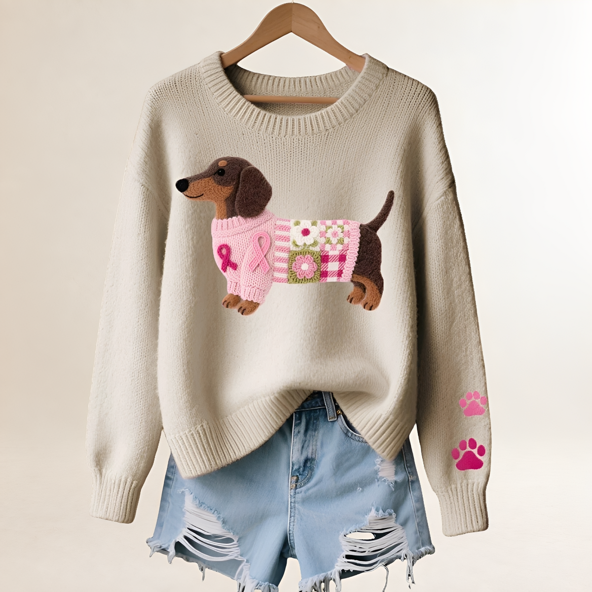 Damentauglicher Pullover mit Dackel-Motiv - V-Ausschnitt, Relaxter Schnitt, Verspieltes Patchwork