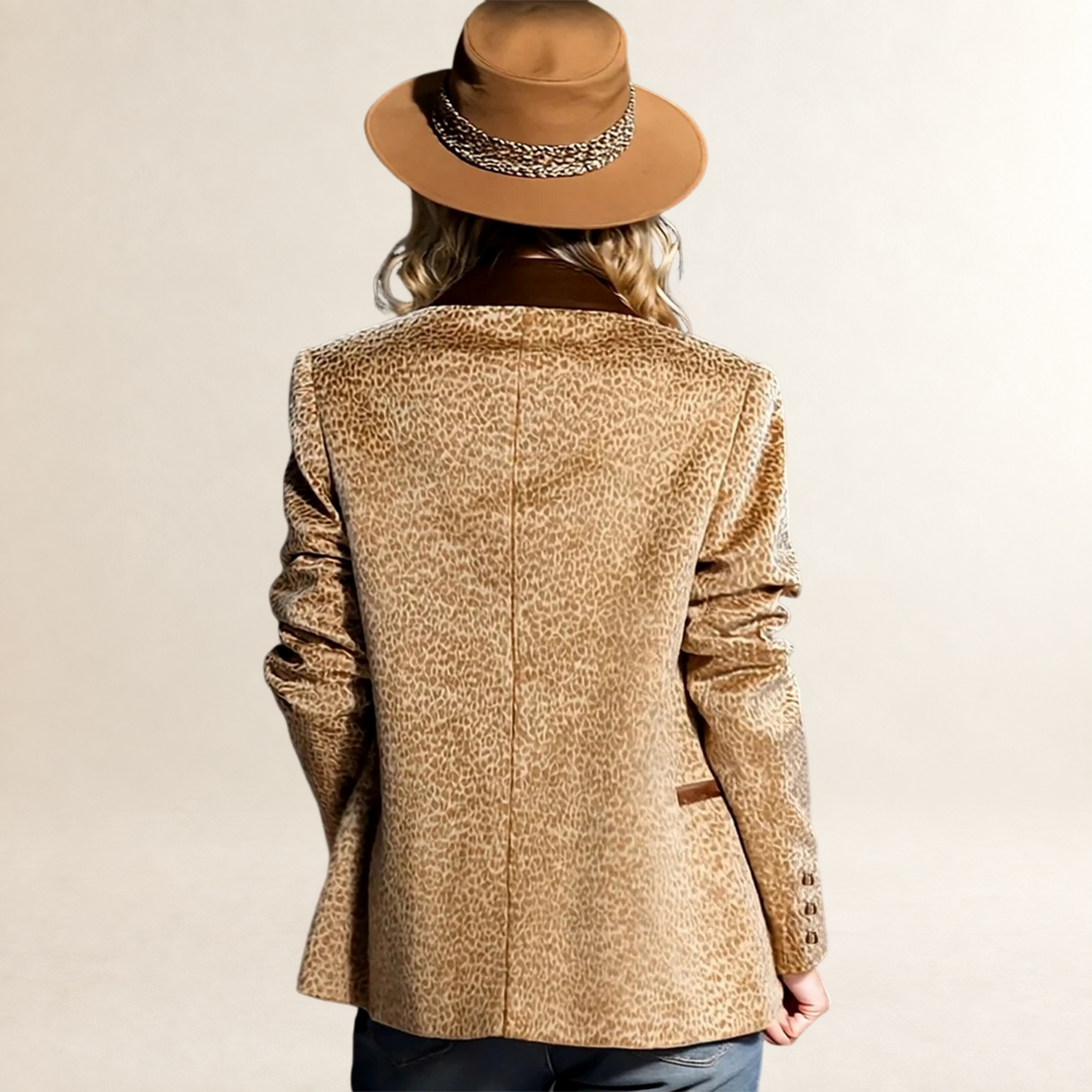 Damentrikot Blazer mit Leo-Muster Doppelknopfverschluss und Kontrastkragen