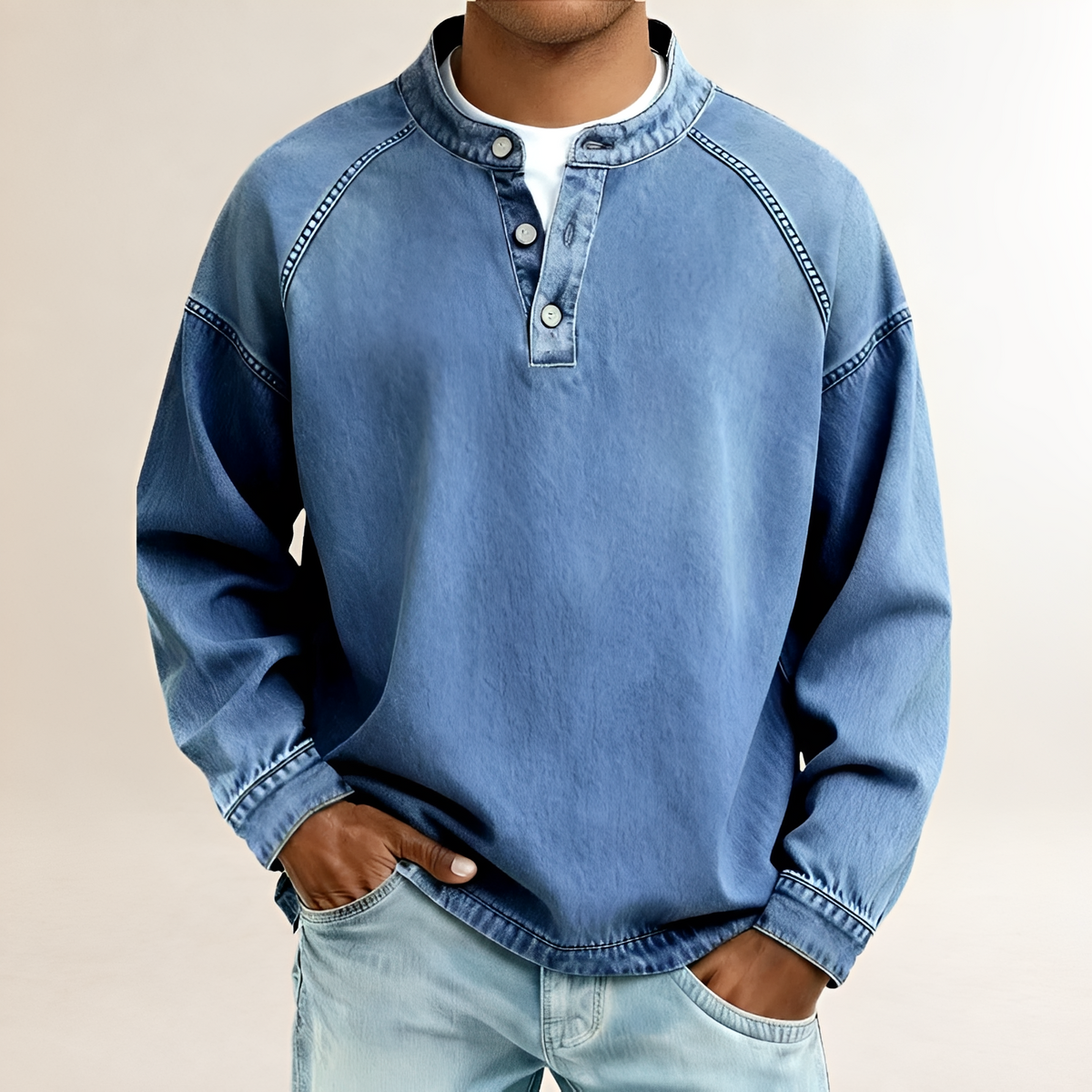 Henley-Hemd Herren mit Bandkragen, Raglanärmeln, lockerer Schnitt, Vintage-Washed