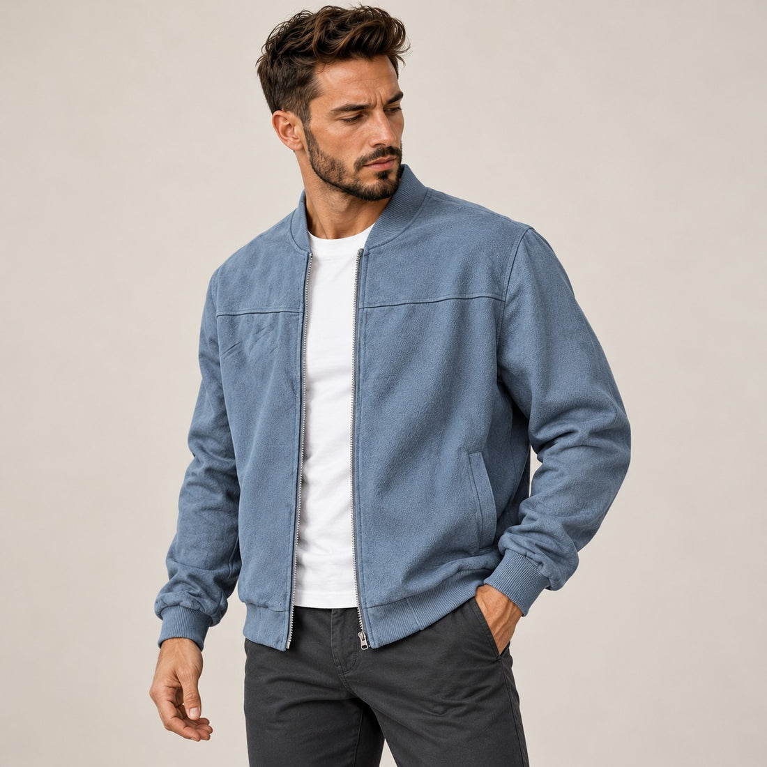 Herren Bomberjacke Zipverschluss Slim Fit Rippkragen und Bündchen