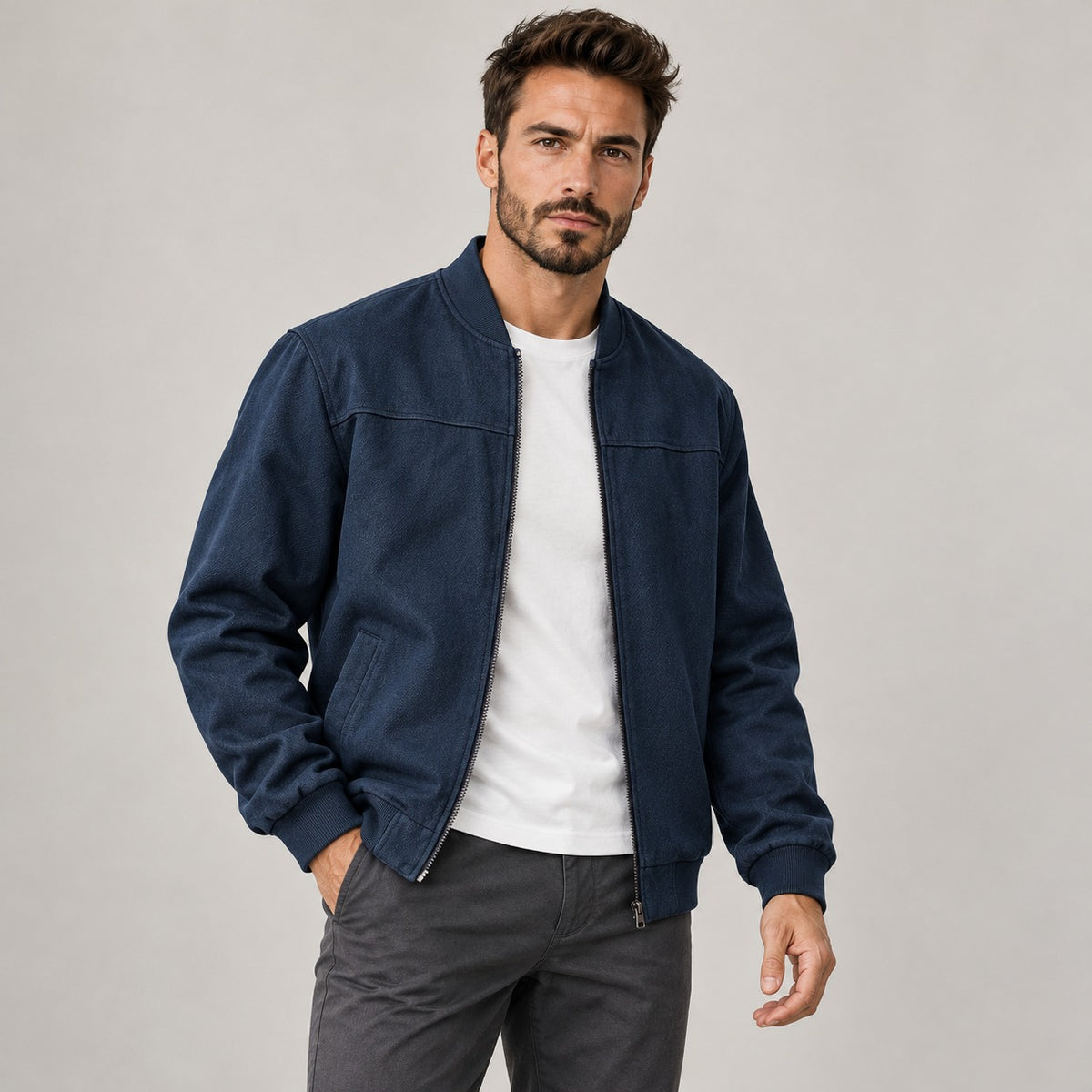 Herren Bomberjacke Zipverschluss Slim Fit Rippkragen und Bündchen