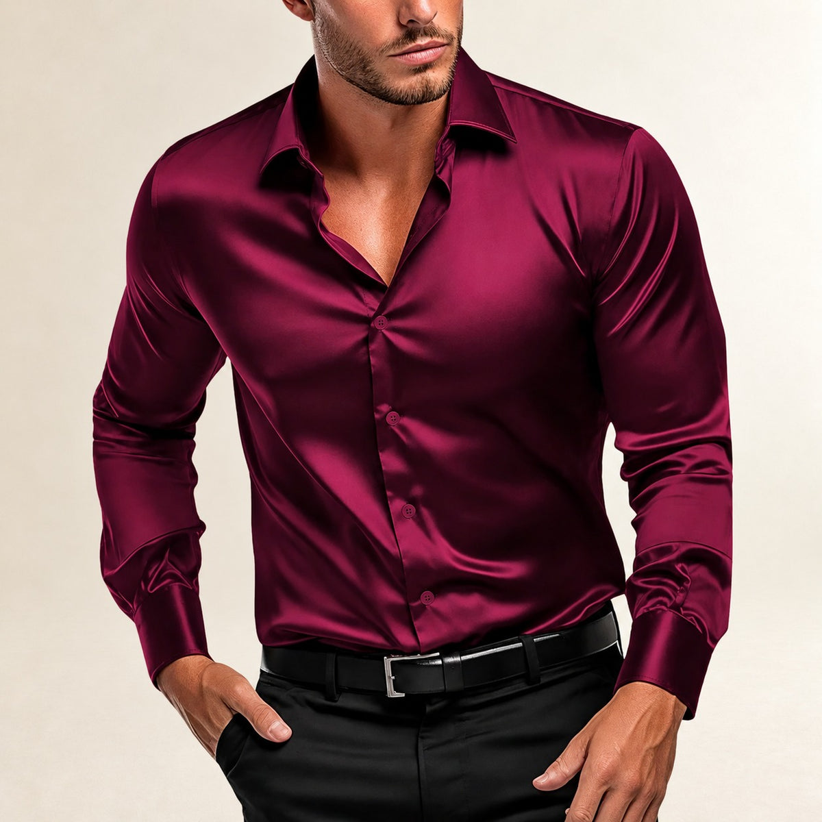 Herren Business-Hemd Italienischer Kragen, Langarm, Knopfleiste, Slim Fit